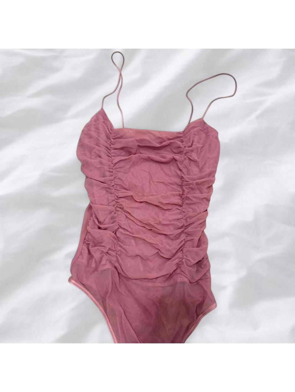 Pink Blush Ruched Mesh Bodysuit – Size S